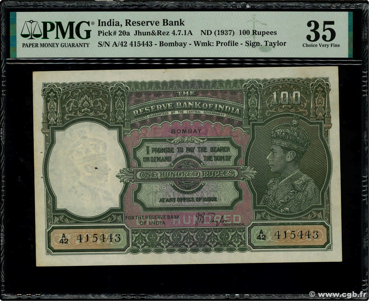 100 Rupees INDIA
 Bombay 1937 P.020a SC+