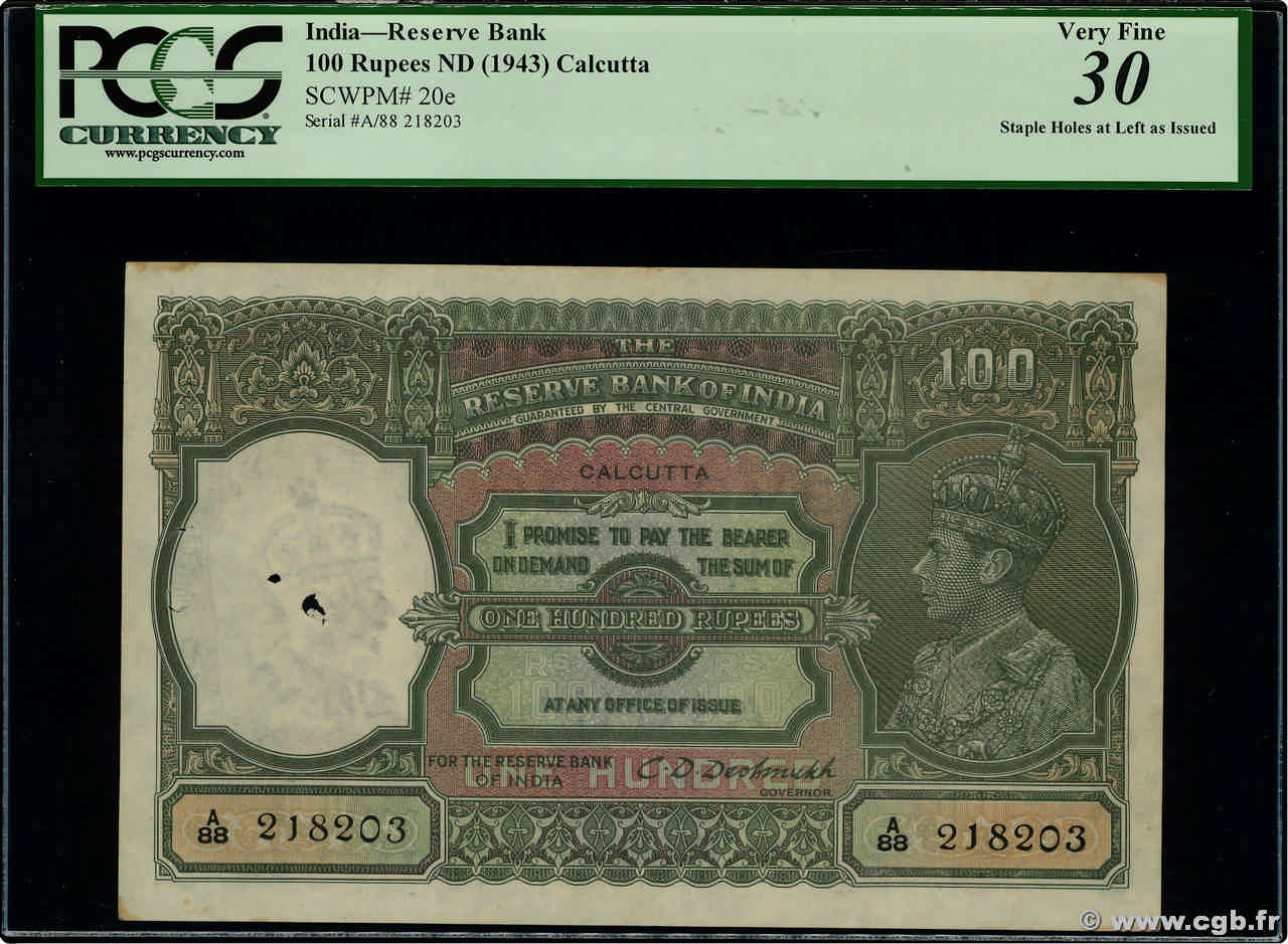 100 Rupees INDE Calcutta 1943 P.020e TTB+