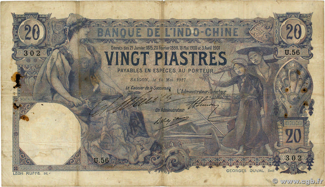 20 Piastres INDOCHINE FRANÇAISE  1917 P.038b TB