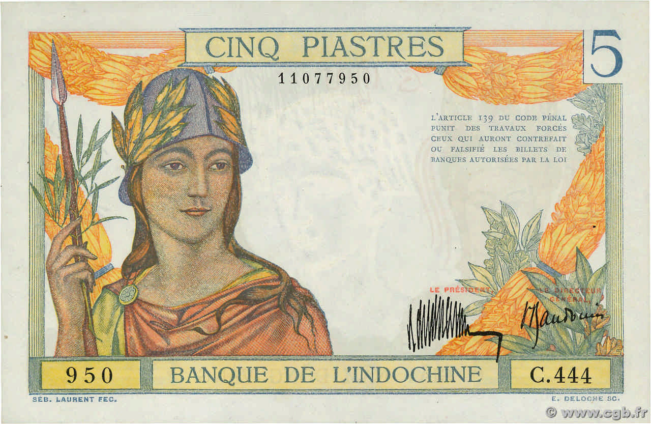 5 Piastres INDOCINA FRANCESE  1932 P.055a SPL