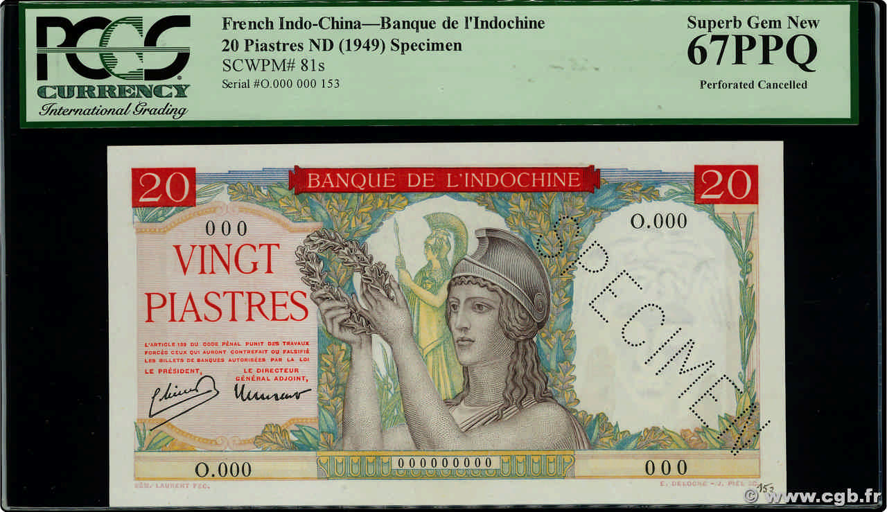 20 Piastres Spécimen INDOCINA FRANCESE  1949 P.081s FDC