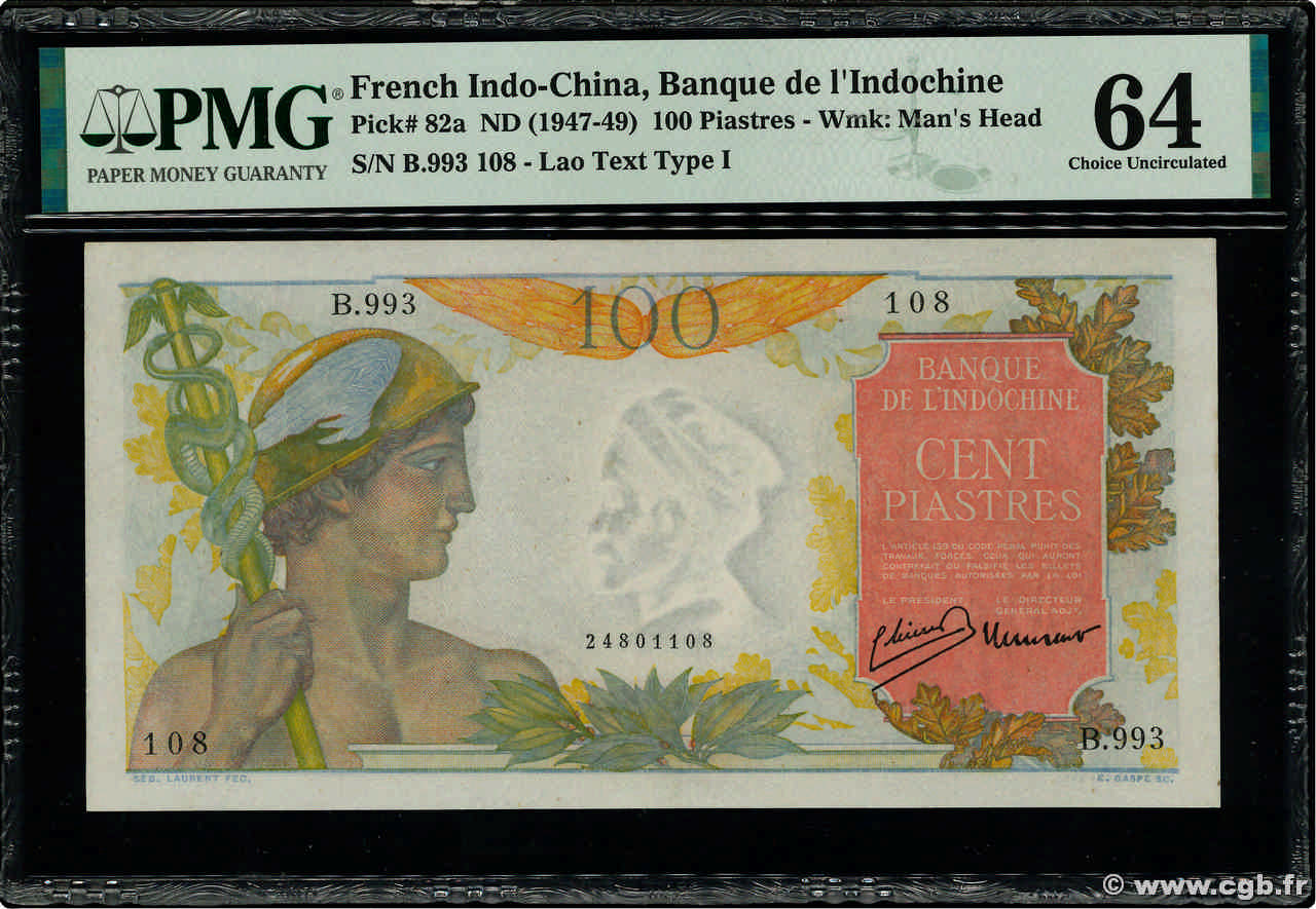 100 Piastres FRENCH INDOCHINA  1947 P.082a UNC-