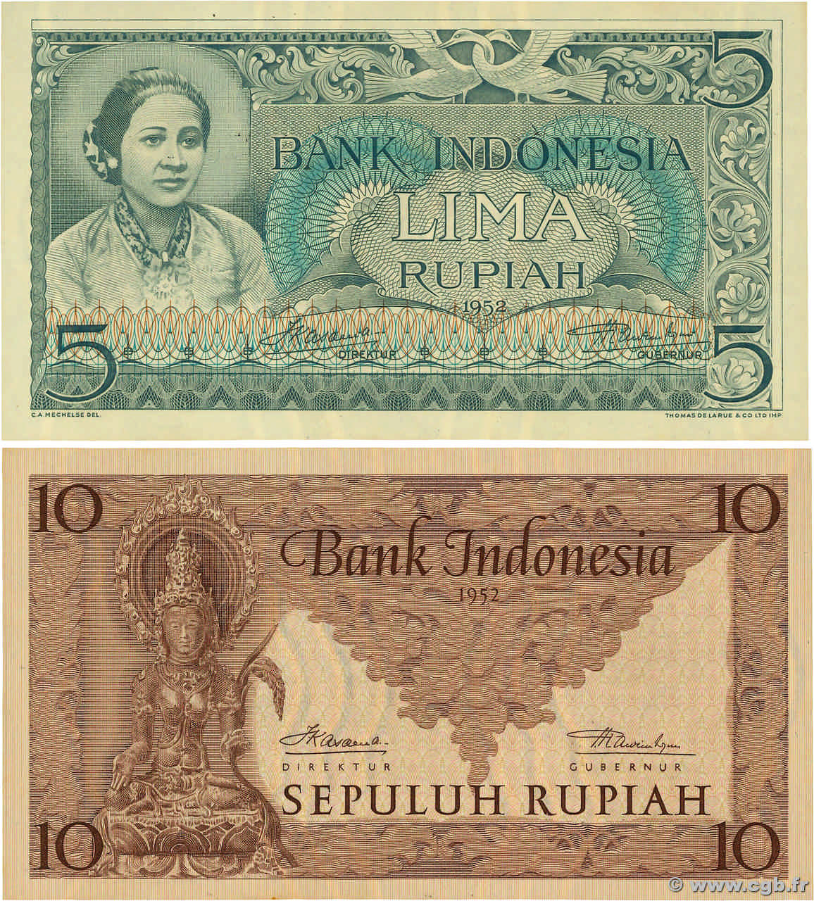 5 et 10 Rupiah Lot INDONESIEN  1952 P.042 et P.043b fST+