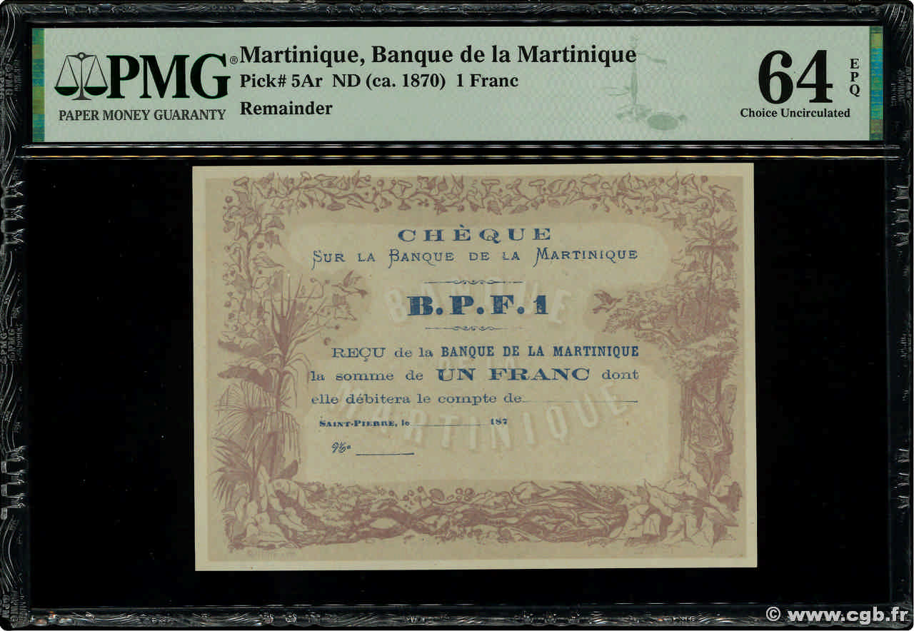 1 Franc Non émis MARTINIQUE  1870 P.05A q.FDC