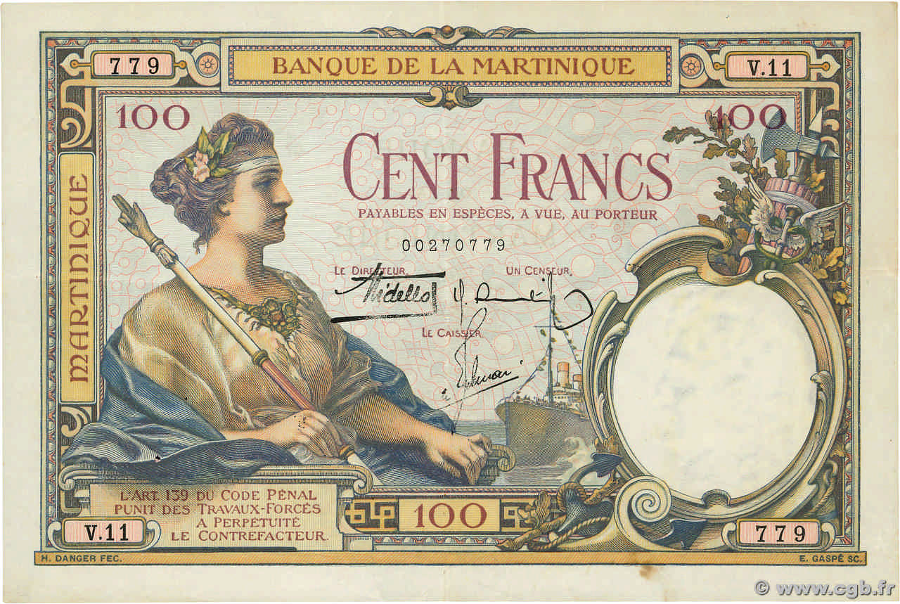 100 Francs MARTINIQUE  1934 P.13 fVZ