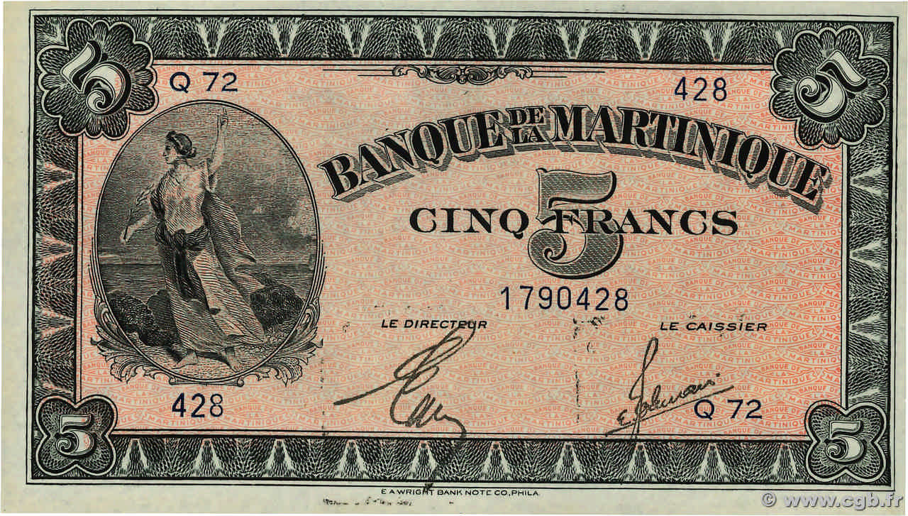 5 Francs MARTINIQUE  1942 P.16b fST+