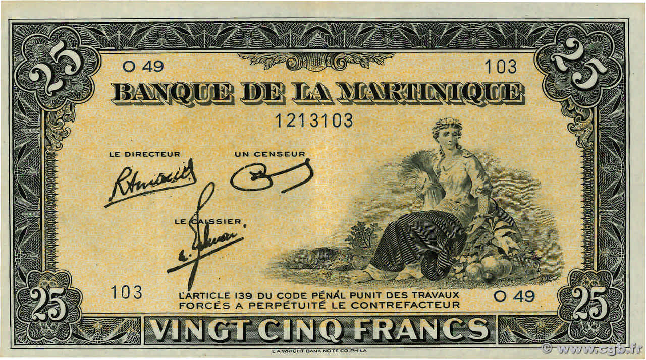 25 Francs MARTINIQUE  1943 P.17 XF+
