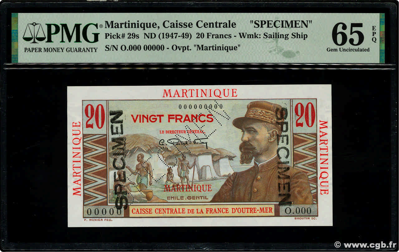 20 Francs Émile Gentil Spécimen MARTINIQUE  1946 P.29s FDC