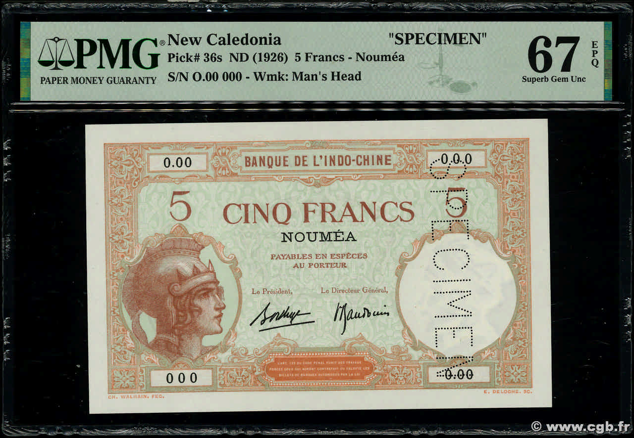 5 Francs Spécimen NOUVELLE CALÉDONIE  1936 P.36bs ST