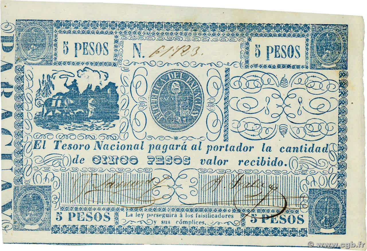 5 Pesos PARAGUAY  1865 P.025 SC+