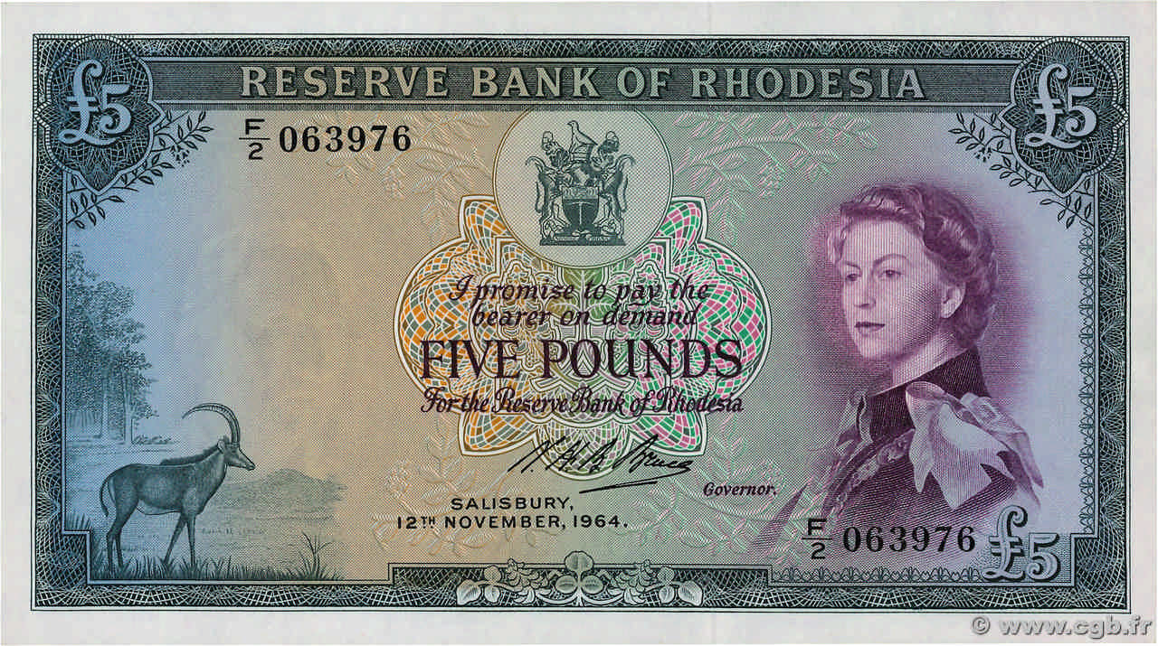 5 Pounds RHODESIA  1964 P.26a q.FDC