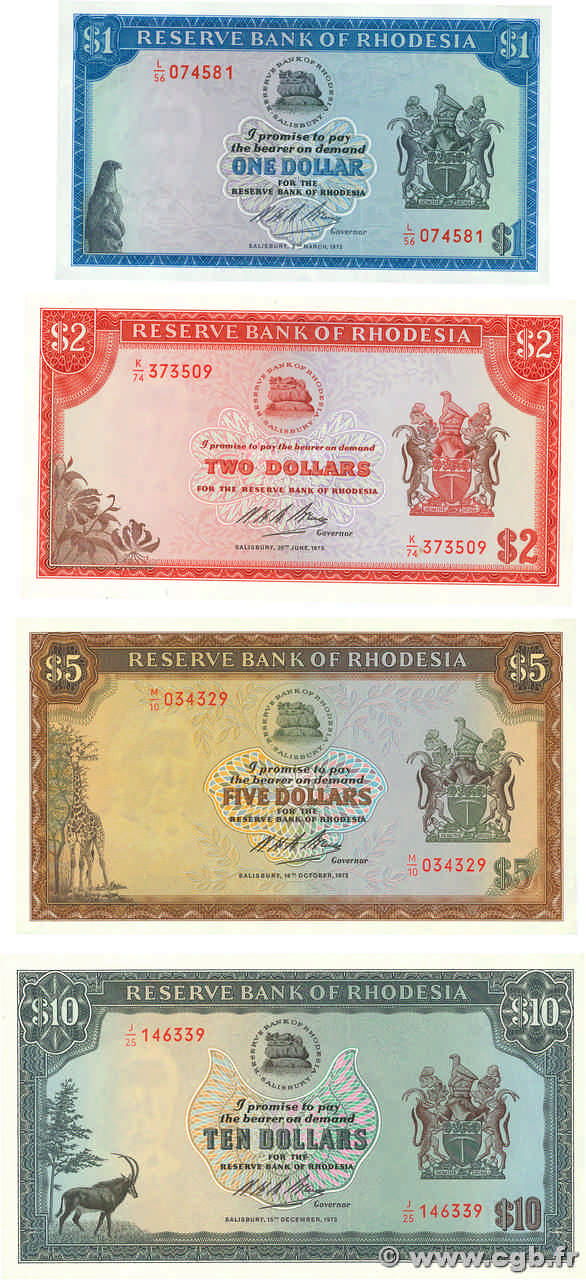 1 au 10 Dollars Lot RHODÉSIE  1973 P.30g, P.31g, P.32a et P.33f pr.NEUF