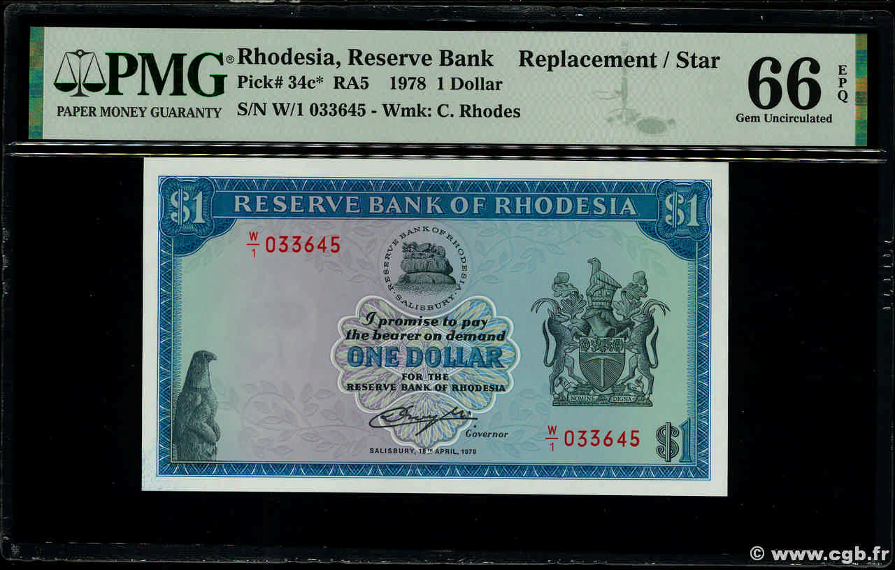 1 Dollar Remplacement RHODESIEN  1978 P.34cr ST