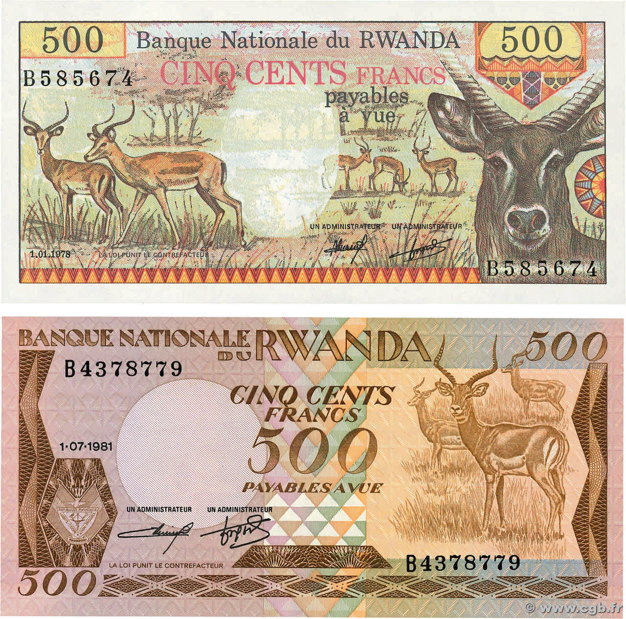 500 Francs Lot RWANDA  1978 P.13a et P.16a NEUF