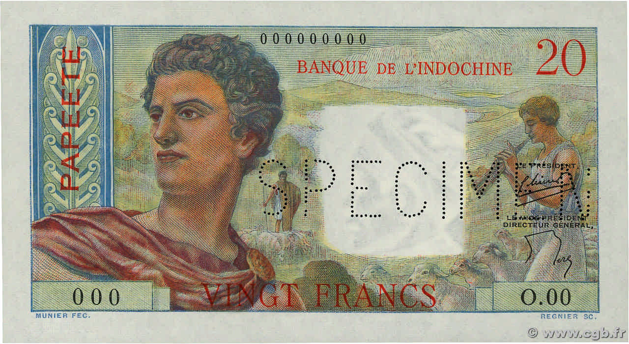 20 Francs Spécimen TAHITI  1954 P.21bs NEUF