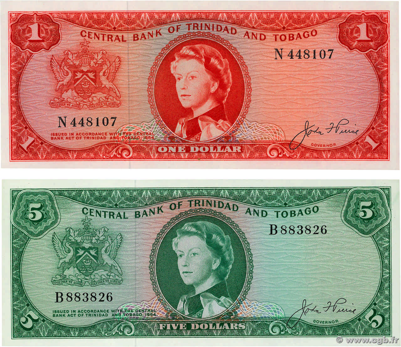 1 et 5 Dollars Lot TRINIDAD Y TOBAGO  1964 P.26a et P.27a SC+