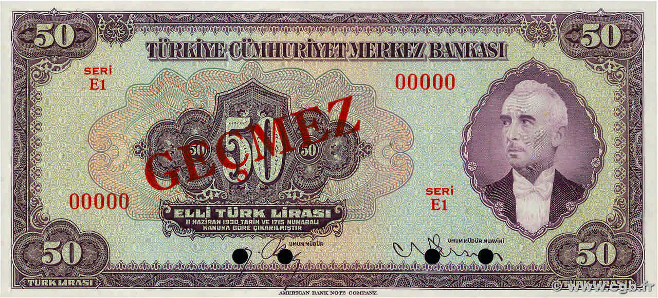 50 Lira Spécimen TÜRKEI  1942 P.142As ST