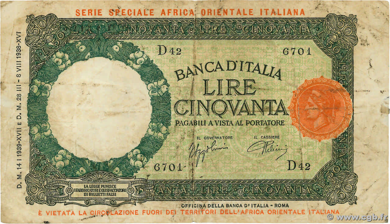 50 Lire AFRIQUE DE L EST ITALIENNE  1939 P.01b B+