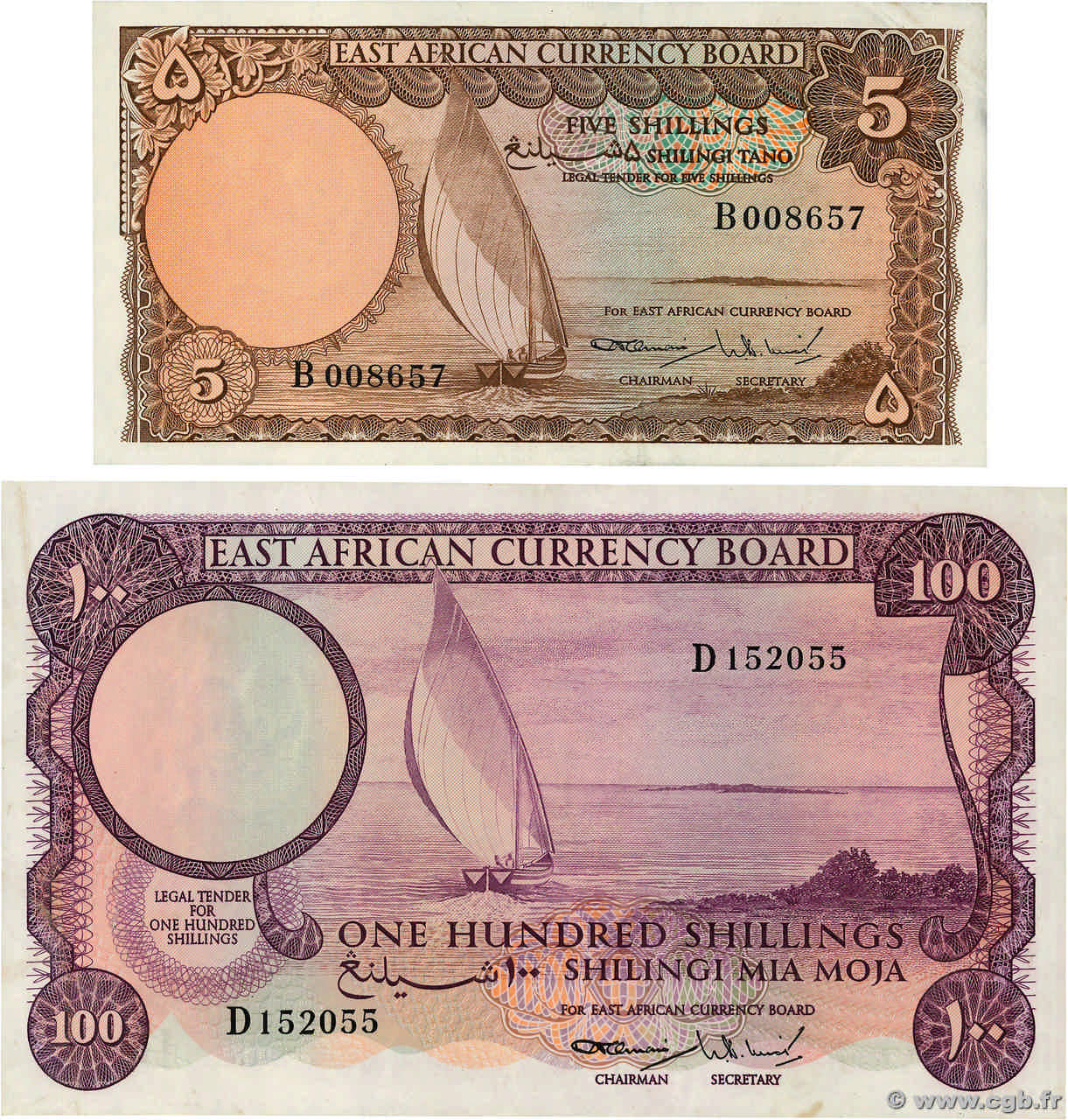 5 et 100 Shillings Lot AFRIQUE DE L EST  1964 P.45a et P.48a TTB