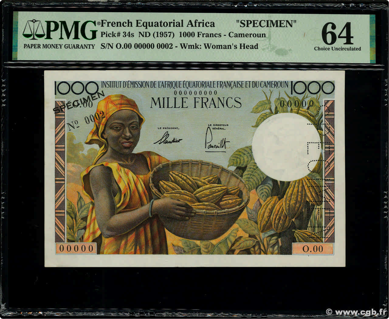 1000 Francs Spécimen AFRIQUE ÉQUATORIALE FRANÇAISE  1957 P.34s pr.NEUF