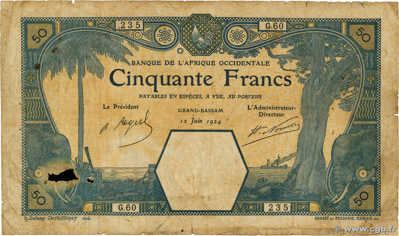 50 Francs GRAND-BASSAM AFRIQUE OCCIDENTALE FRANÇAISE (1895-1958) Grand-Bassam 1924 P.09Db B