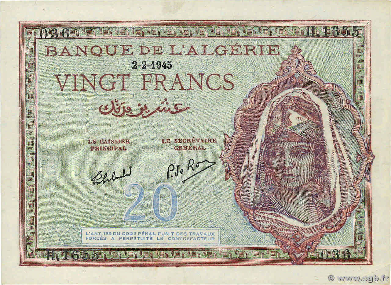 20 Francs ALGÉRIE  1945 P.092b SUP