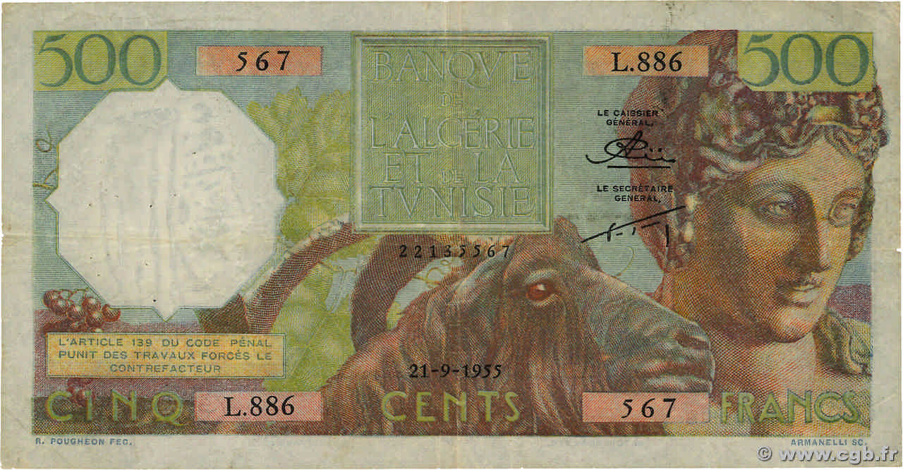 500 Francs ALGÉRIE  1955 P.106a TB