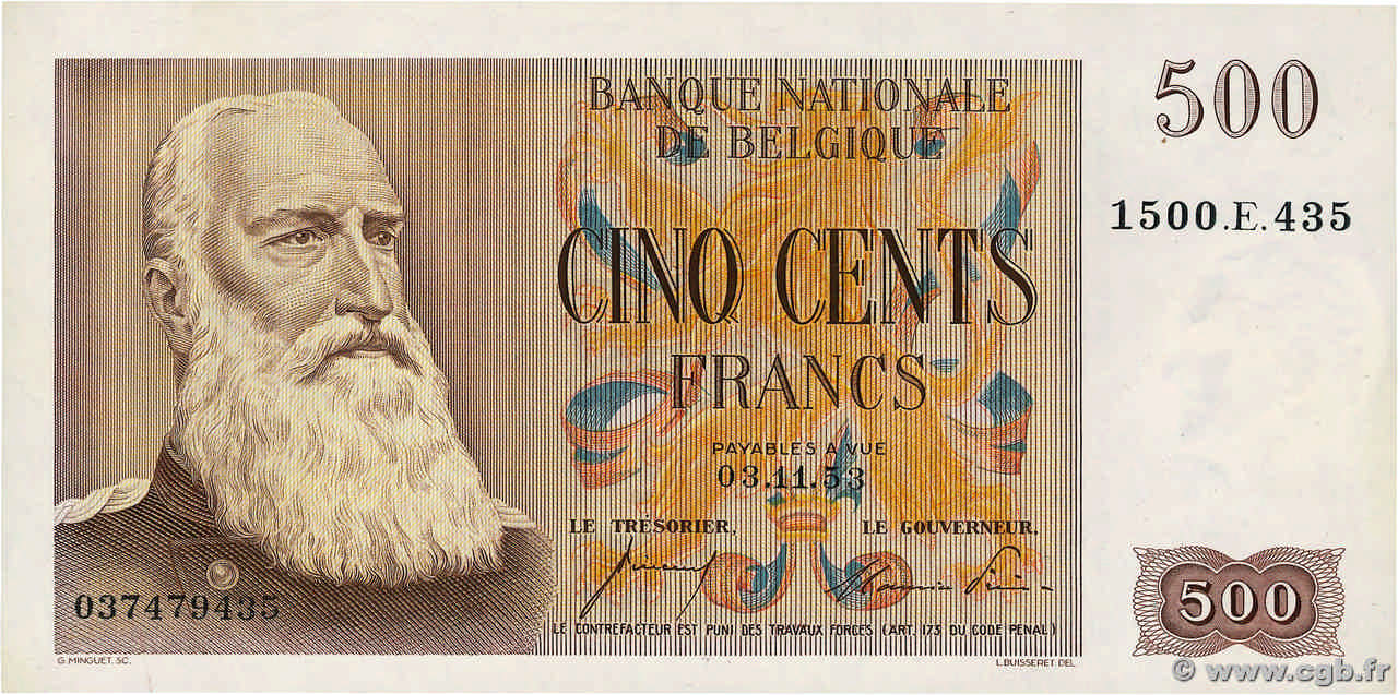 500 Francs BELGIQUE  1953 P.130a SPL