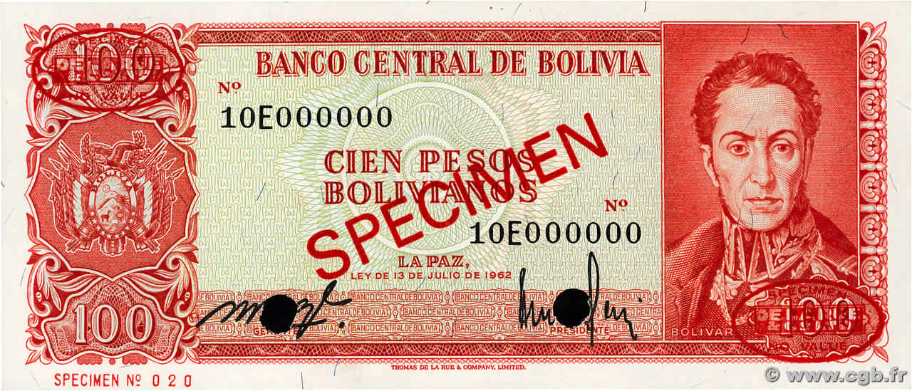 100 Pesos Bolivianos Spécimen BOLIVIE  1962 P.164s NEUF