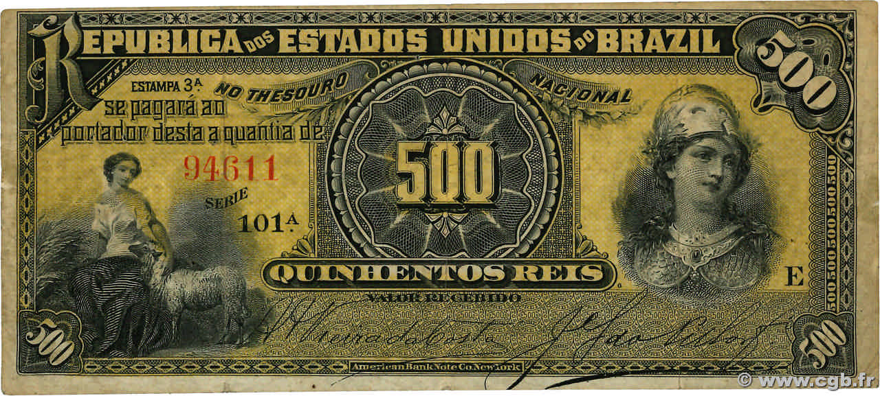 500 Reis BRASILIEN  1893 P.001b S