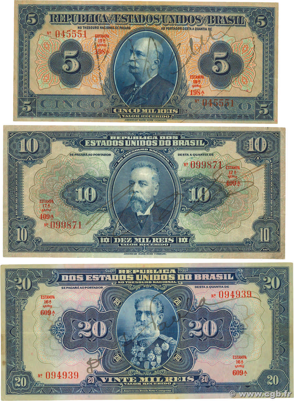 5, 10 et 20 Mil Reis Lot BRASILE  1931 P.029b, P.039d et P.048c MB a BB