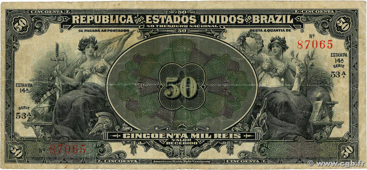 50 Mil Reis BRAZIL  1916 P.056a G