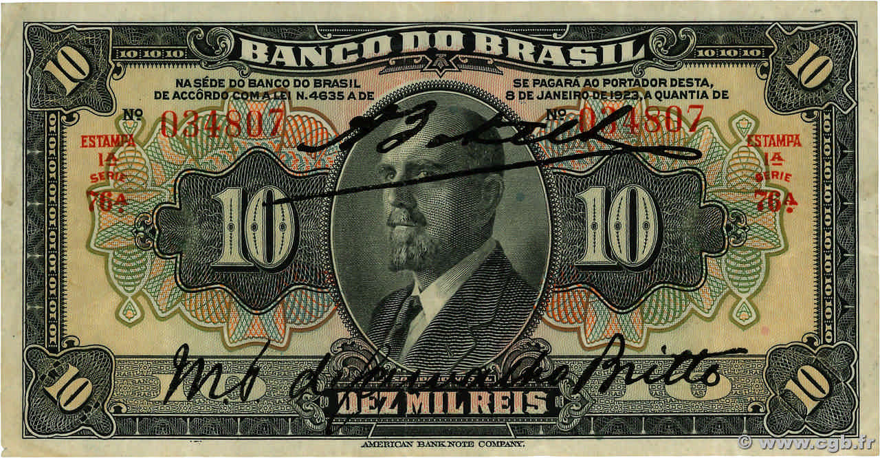 10 Mil Reis BRAZIL  1923 P.114a F+