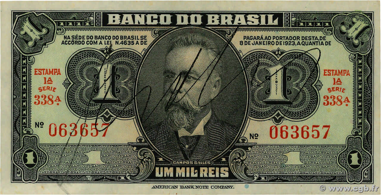 1 Mil Reis BRAZIL  1944 P.131A AU