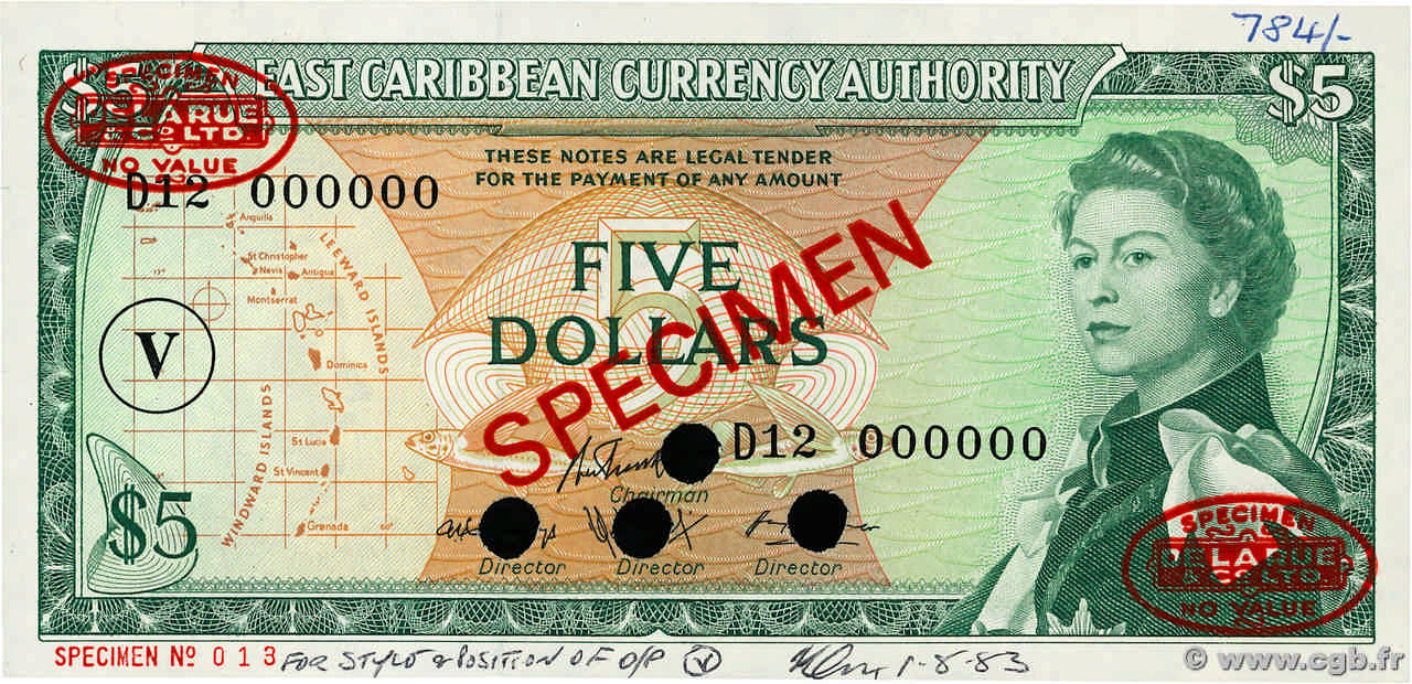 5 Dollars Spécimen EAST CARIBBEAN STATES  1965 P.14ps AU