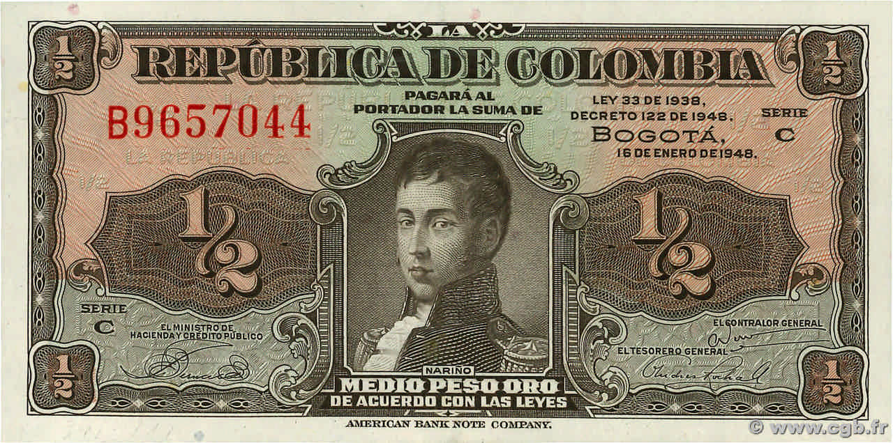1/2 Peso Oro COLOMBIA  1948 P.345a FDC