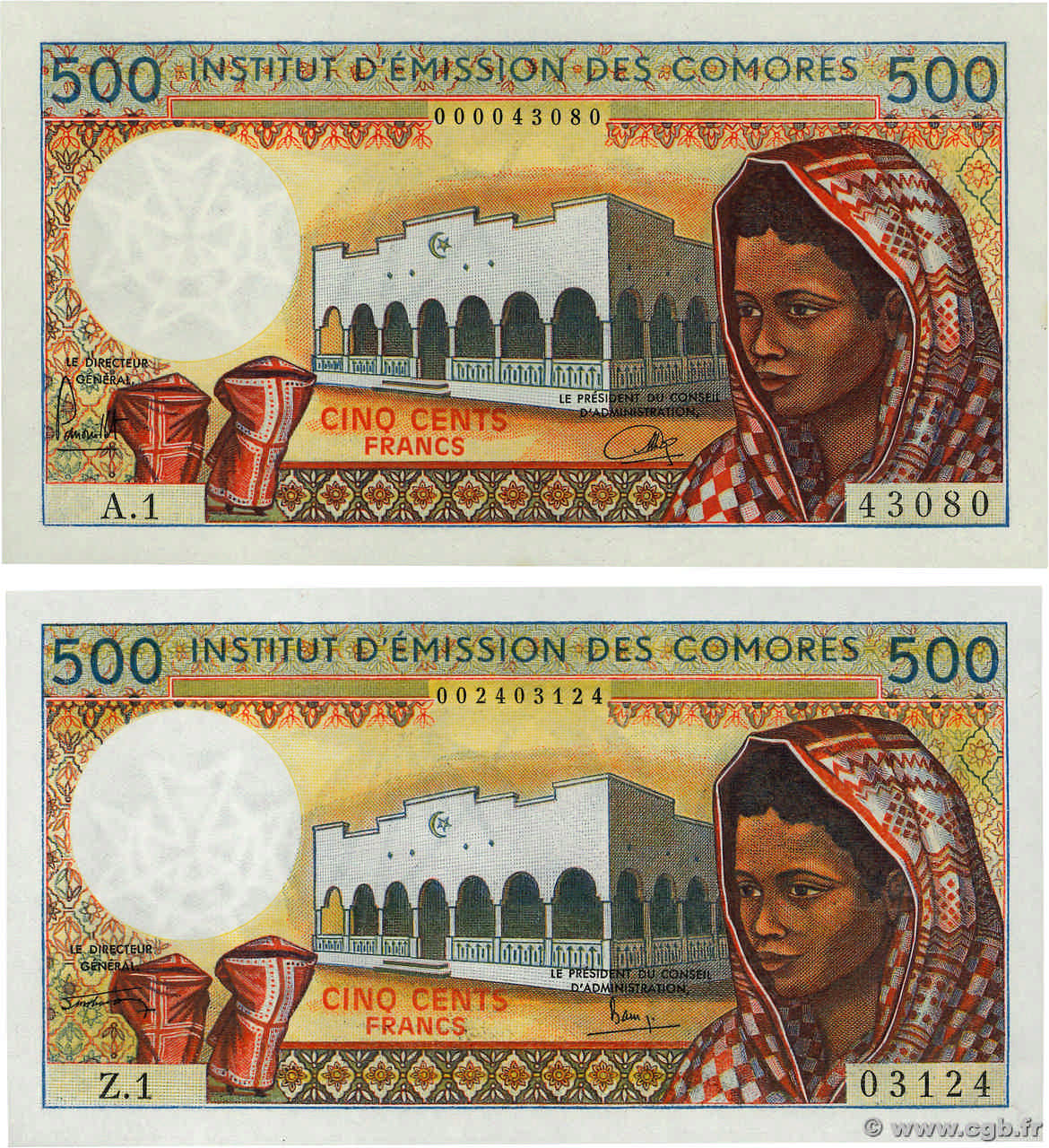 500 Francs Lot COMORAS  1976 P.07a1 et a2 SC+