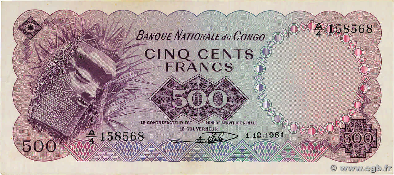 500 Francs CONGO, DEMOCRATIC REPUBLIC  1961 P.007a VF+