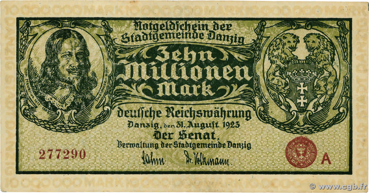 10 Millionen Mark DANTZIG  1923 P.25a VF+