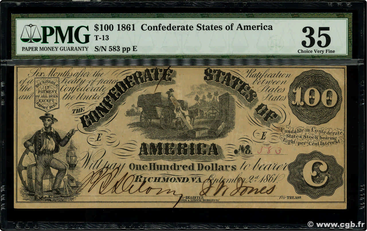 100 Dollars 美利堅聯盟國  1861 P.38 VF+