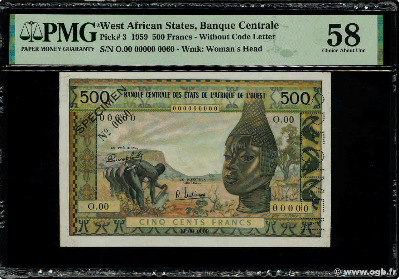 500 Francs Spécimen ÉTATS DE L AFRIQUE DE L OUEST  1964 P.003s SPL