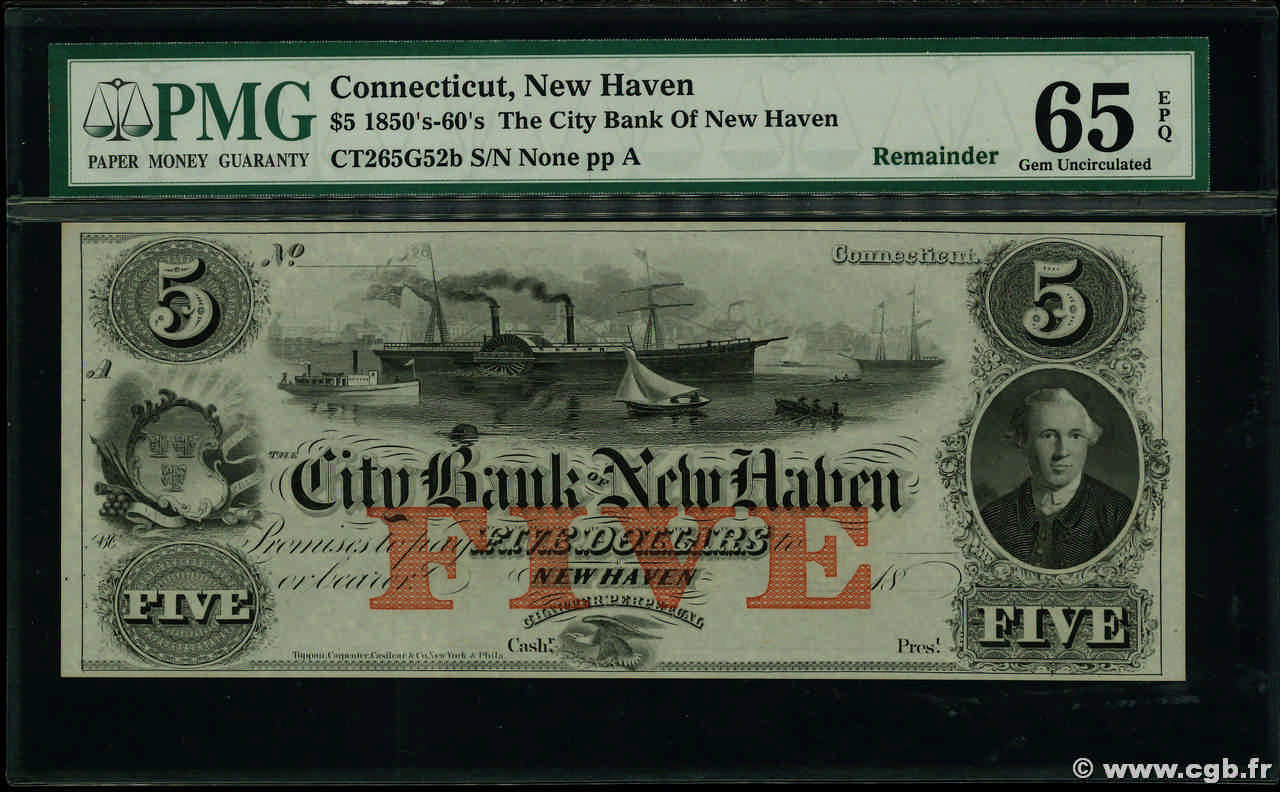 5 Dollars Non émis UNITED STATES OF AMERICA New Haven 1850 P.- UNC