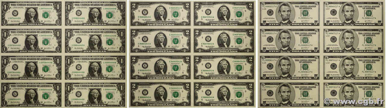 1, 2 et 5 Dollars Planche UNITED STATES OF AMERICA  2003 P.515b, 516b et 517b UNC