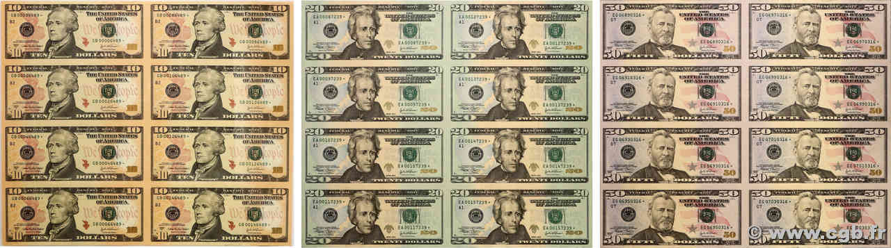 10, 20 et 50 Dollars Planche UNITED STATES OF AMERICA  2004 P.520*, 521a* et 522a* UNC