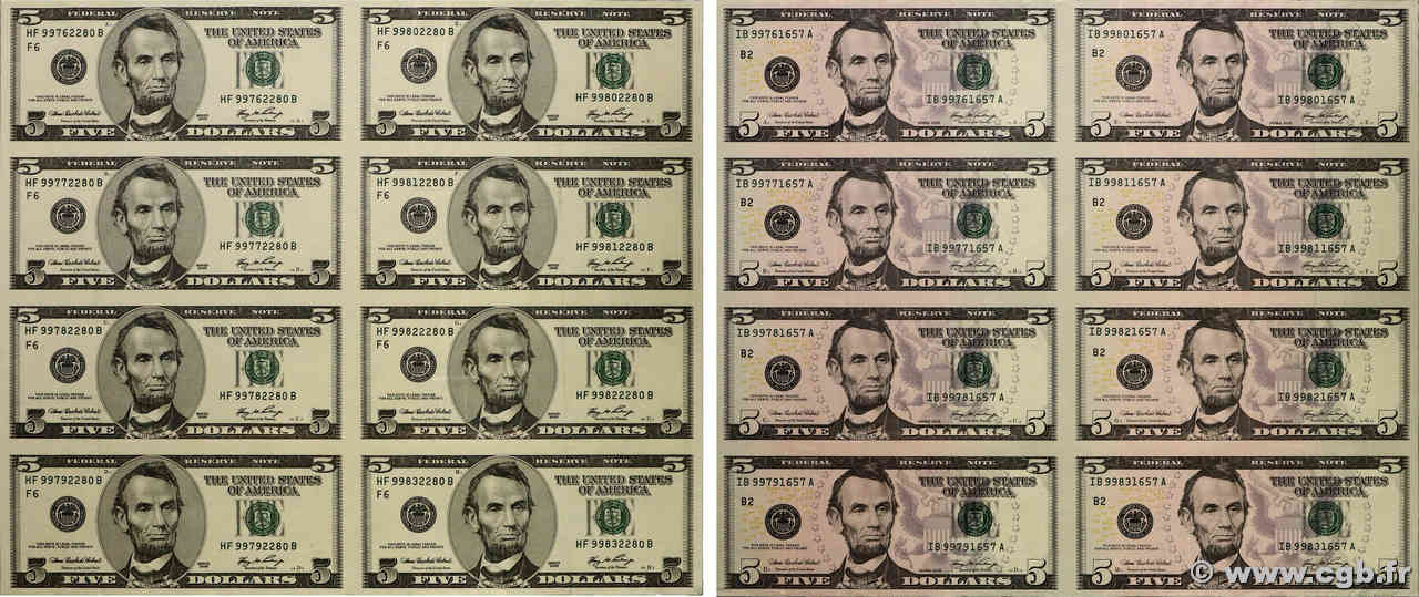 5 Dollars Planche UNITED STATES OF AMERICA  2006 P.523A et 524 UNC