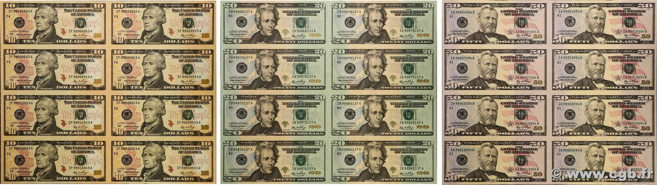 10, 20 et 50 Dollars Planche UNITED STATES OF AMERICA  2006 P.525, 526 et 527 UNC
