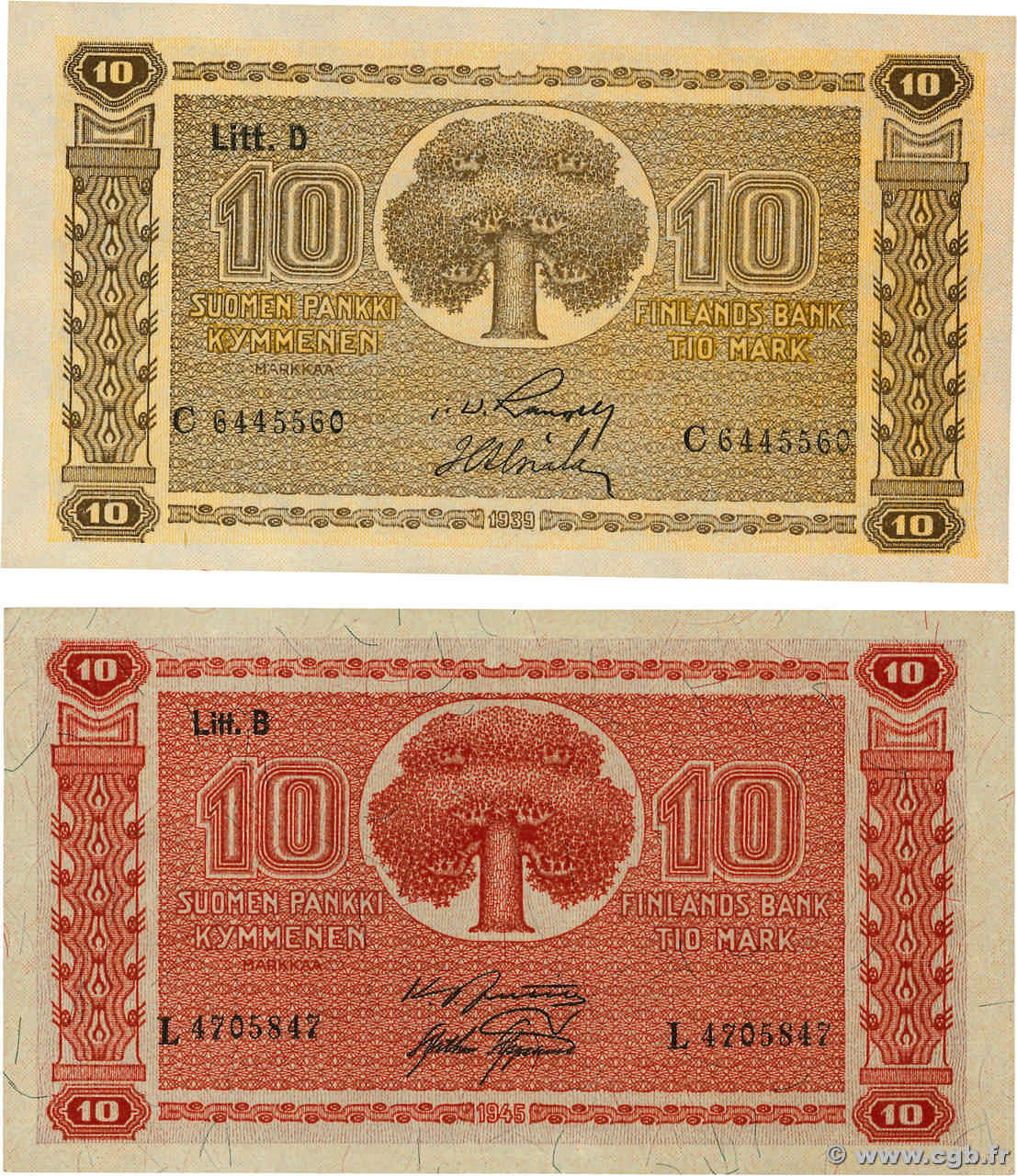 10 Markkaa Lot FINLANDE  1939 P.070a et P.085 SPL