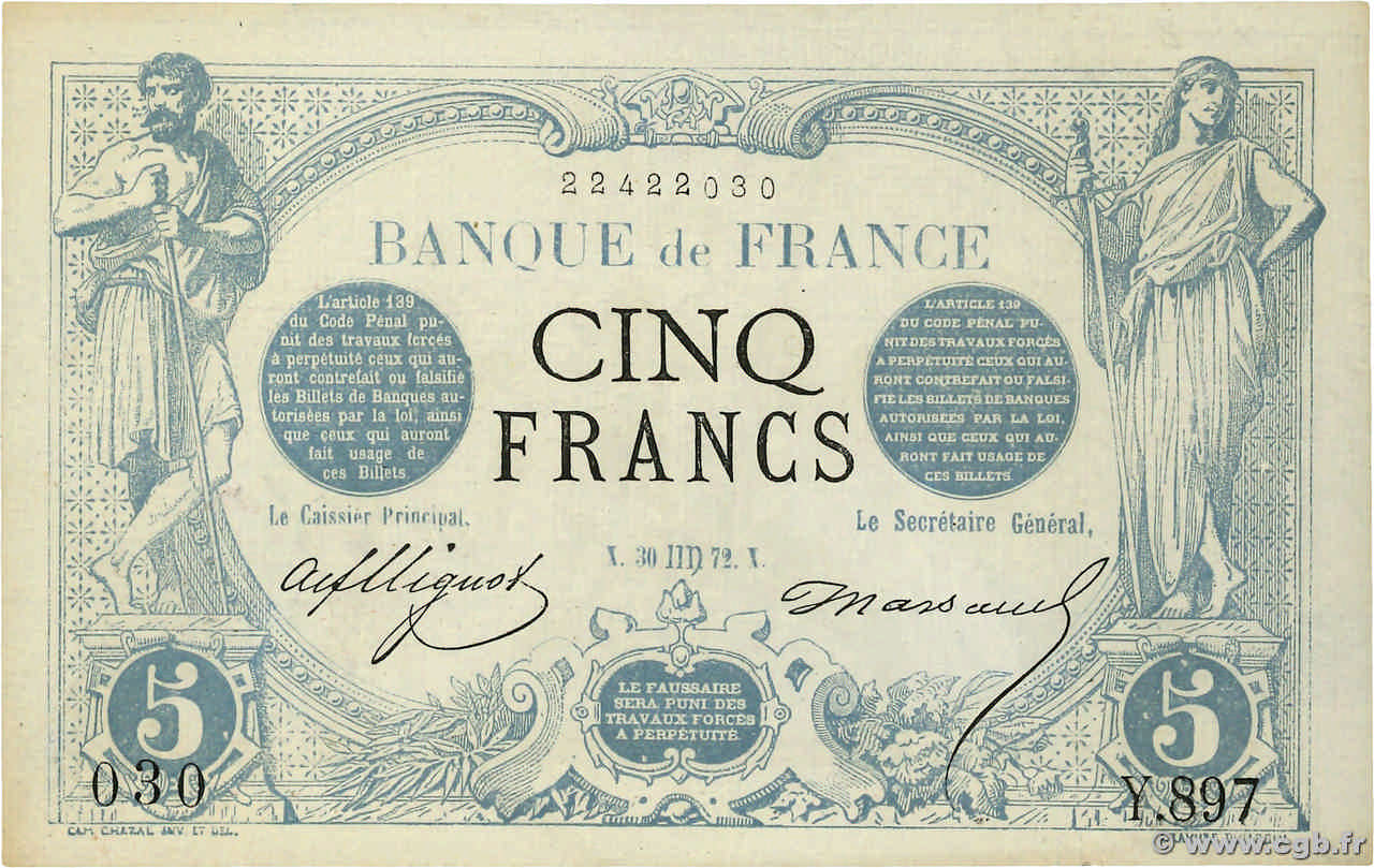 5 Francs NOIR FRANCE  1872 F.01.09 SUP+