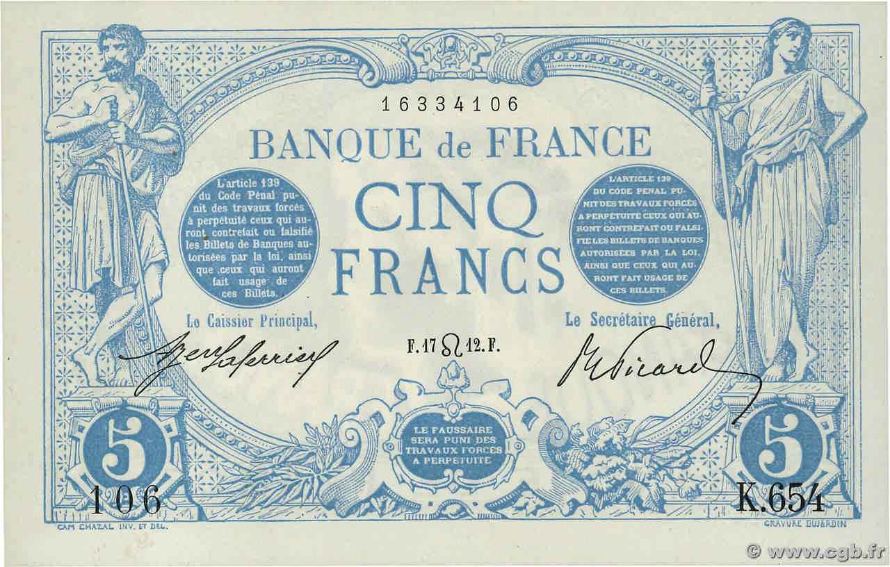 5 Francs BLEU FRANCE  1912 F.02.07 pr.NEUF