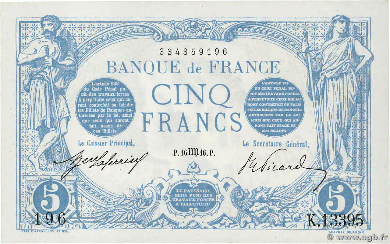 5 Francs BLEU FRANKREICH  1916 F.02.42 fST+